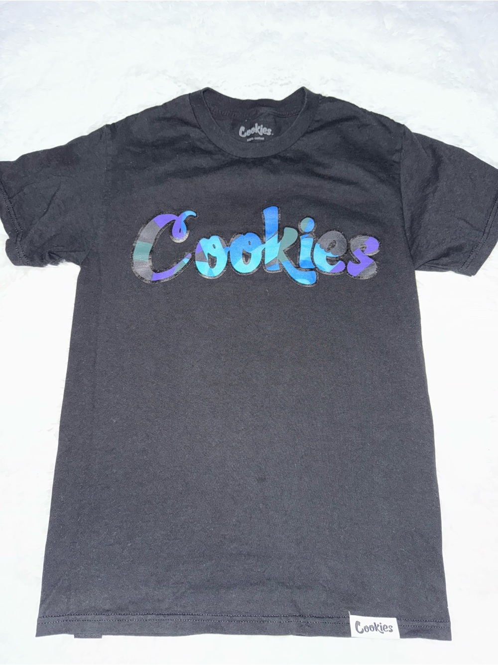 Cookies Black Tee with Blue Iridescent Logo